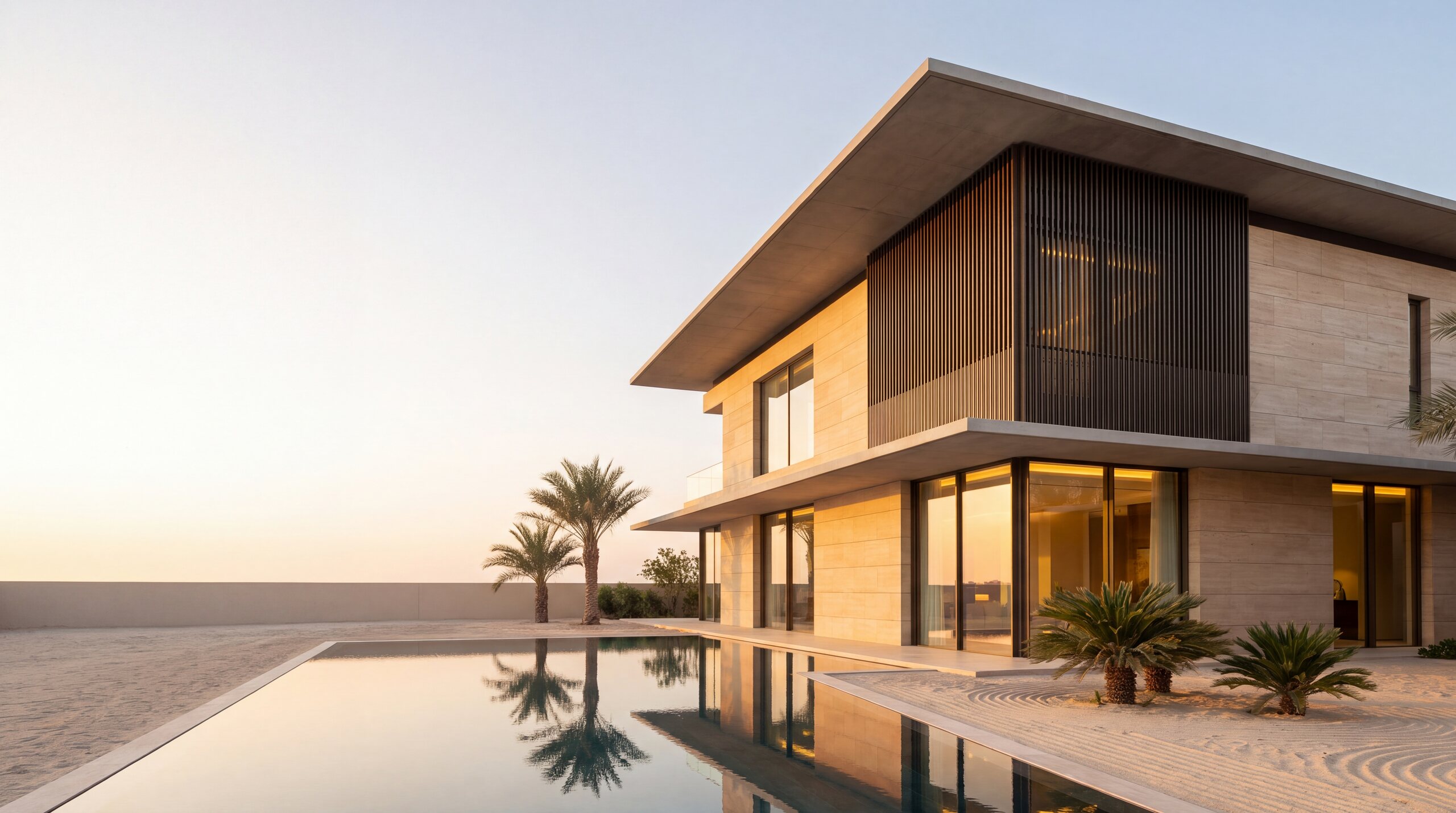 A contemporary villa in travertine and bronze at golden hour