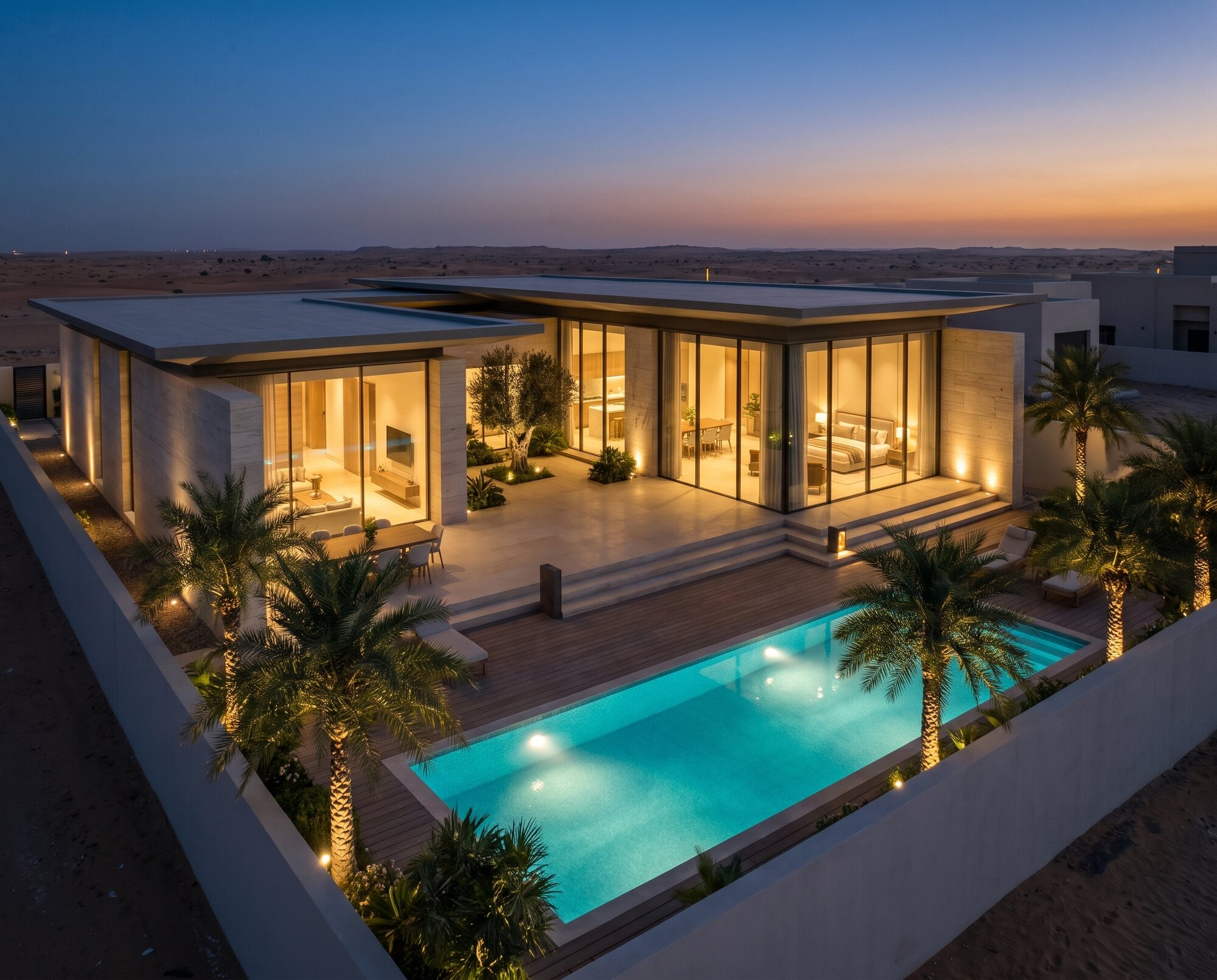 The finished courtyard villa lit at dusk
